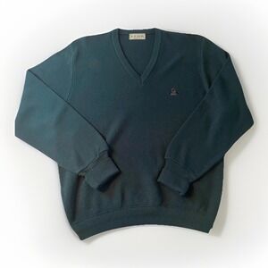 Vintage Izod Men's L Green V-Neck Sweater USA Made Preppy Crest Logo